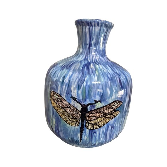 Studio Pottery Vase Dragonfly Blue 9"x7" Drip Glaze Signed Helga Farmhouse Decor - Picture 2 of 9